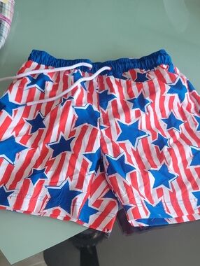Red & White Striped Swim Shorts with Blue Stars